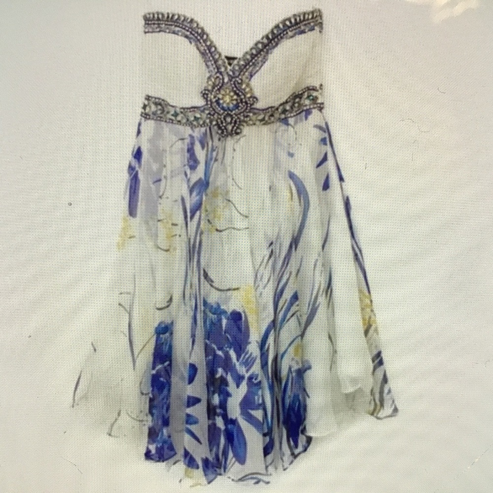 Terani White Floral Rhinestone Strapless Dress